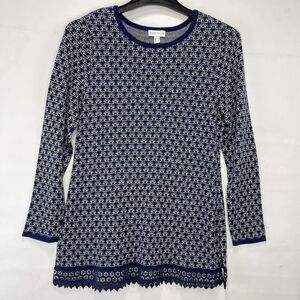 Susan Graver Women Medium Blue Cotton Blend Floral Pattern Long Sleeve Knit